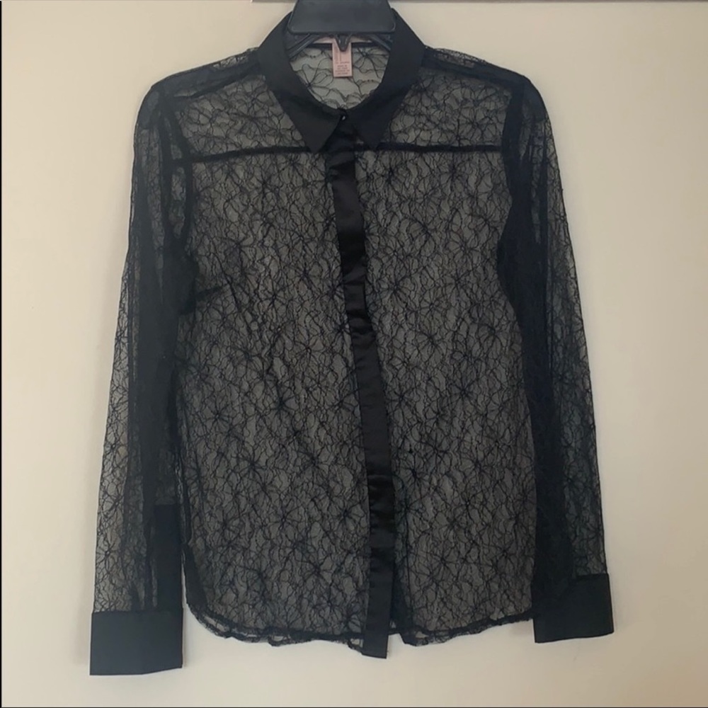 Forever 21 Black Sheer Lace Button-Up Shirt
